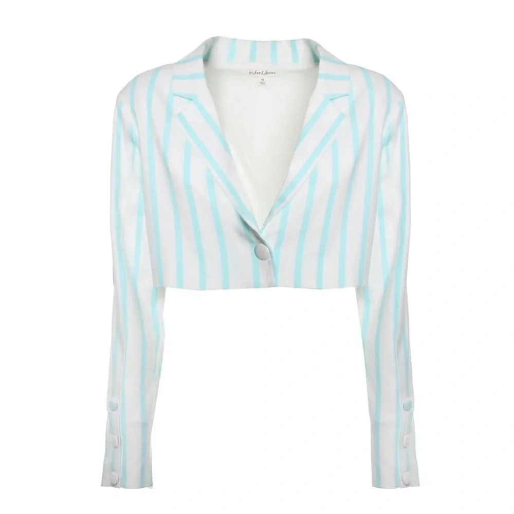 NWOT For Love and Lemons Aqua White Striped Cropped Linen Blazer Jacket Small - Picture 6 of 9